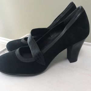 Black suede heel penny loafers size 9.5